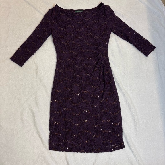 Lauren Ralph Lauren Dark Purple Lace Sequin Cowl-Neck Sheath Dress Sz 8 - Picture 7 of 15